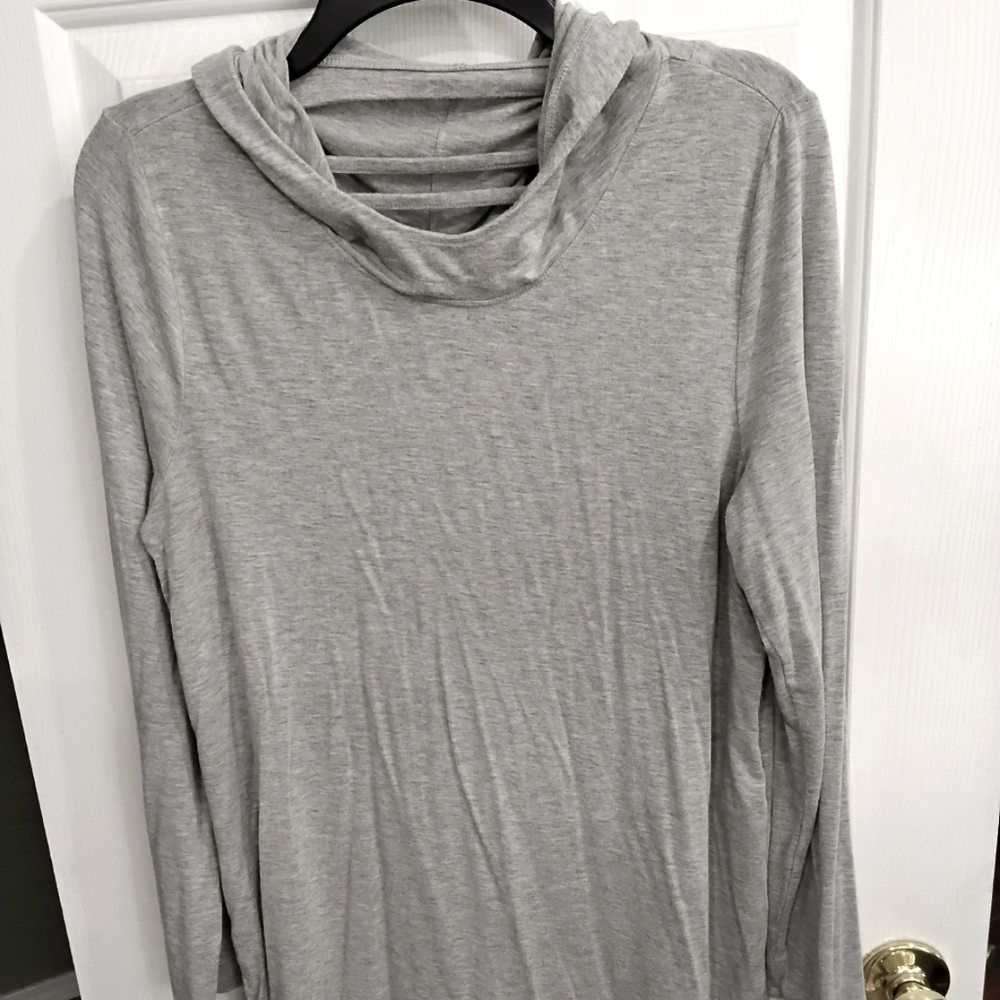 Zenergy By Chico's Gray Long Sleeve Top with Cowl Neck, Strappy Back With Hoodie